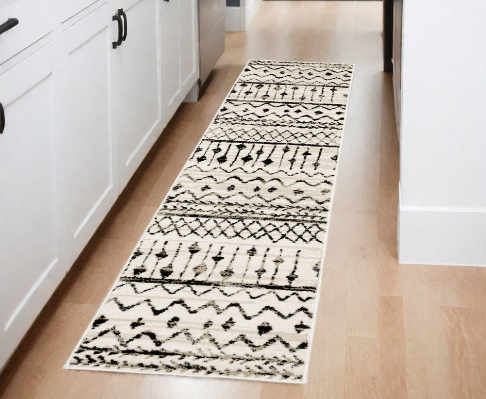 8' Ivory And Black Tribal Runner Rug