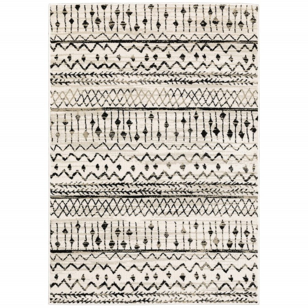 8' Ivory And Black Tribal Runner Rug