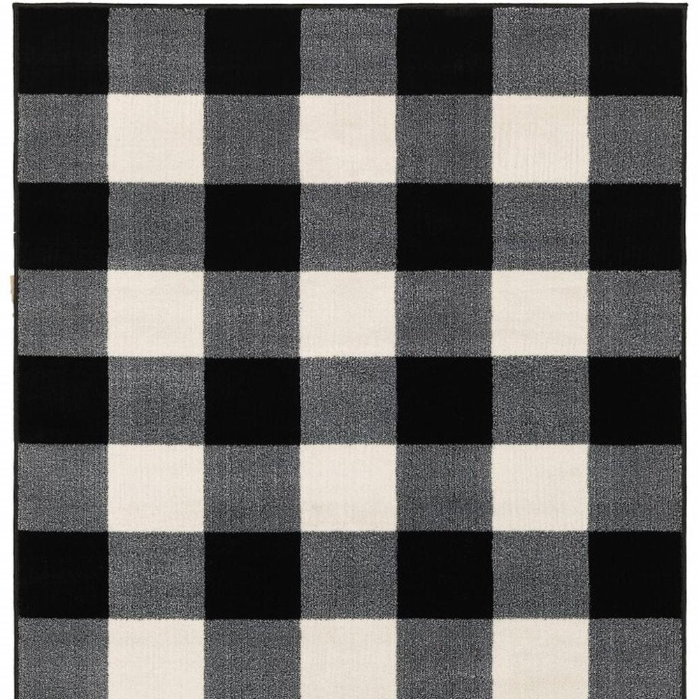 7' X 9' Black And Ivory Gingham Area Rug