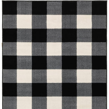 7' X 9' Black And Ivory Gingham Area Rug