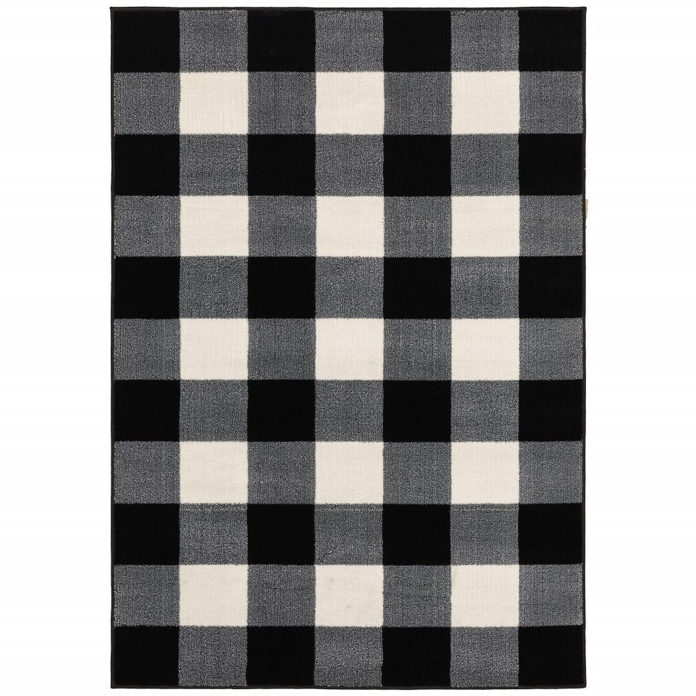 7' X 9' Black And Ivory Gingham Area Rug