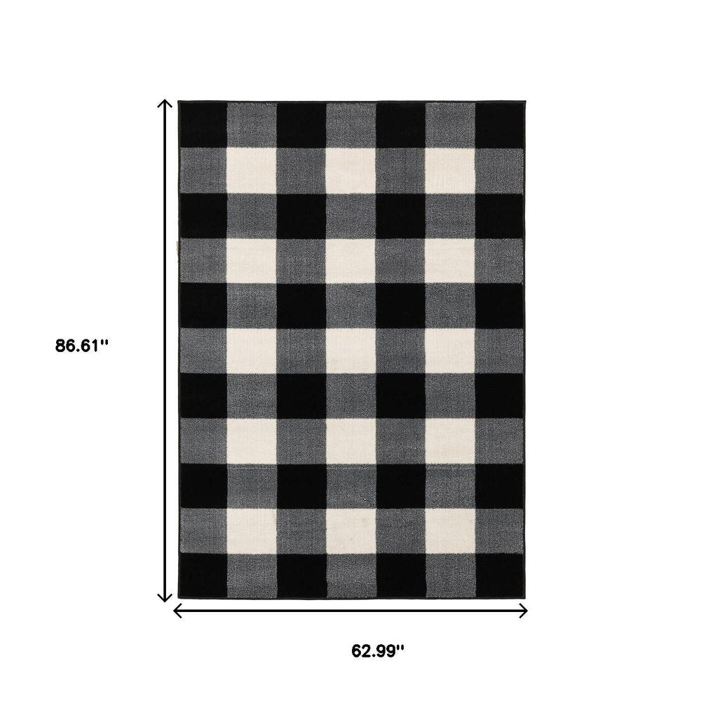 7' X 9' Black And Ivory Gingham Area Rug