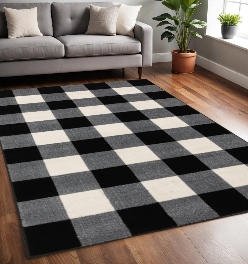 7' X 9' Black And Ivory Gingham Area Rug