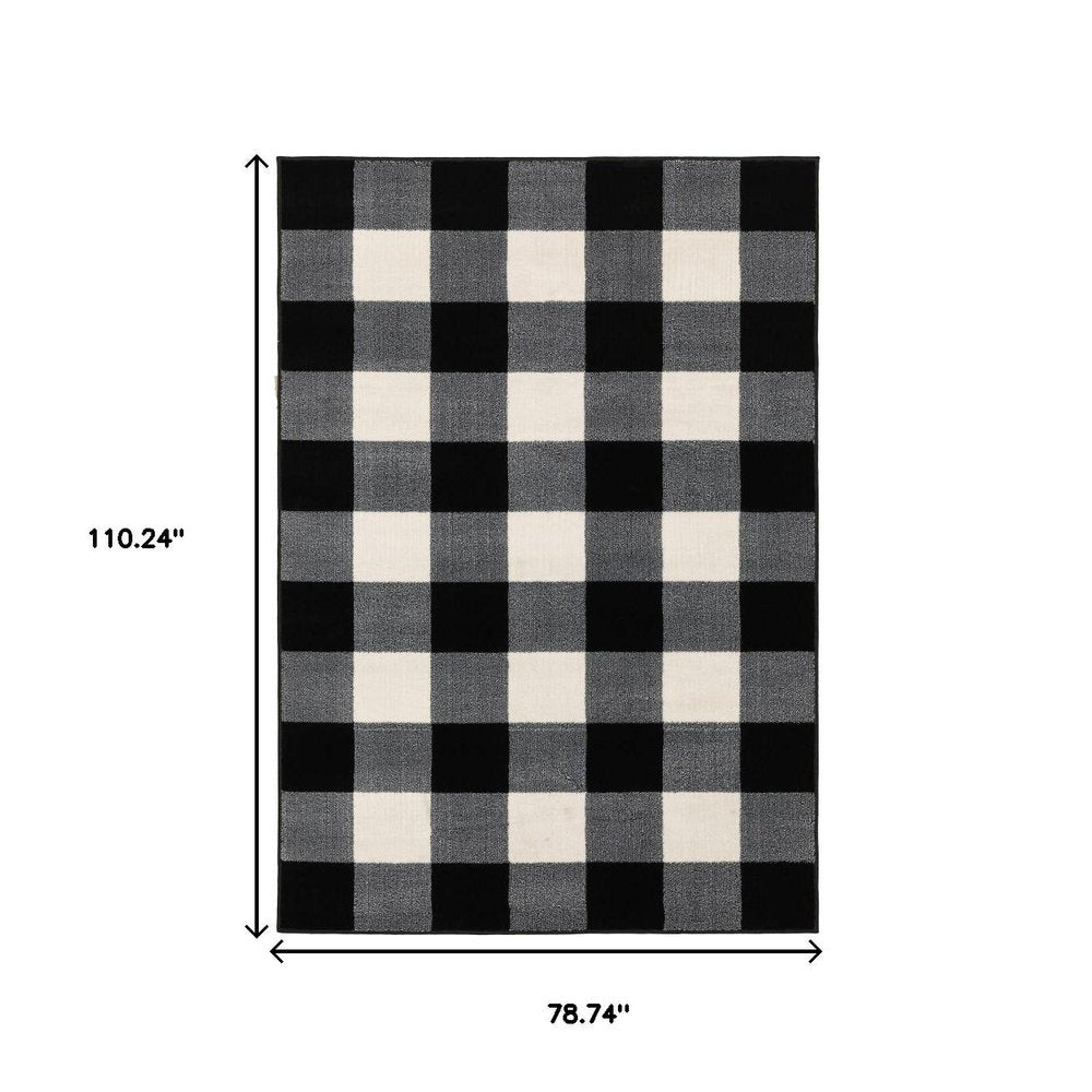 7' X 9' Black And Ivory Gingham Area Rug