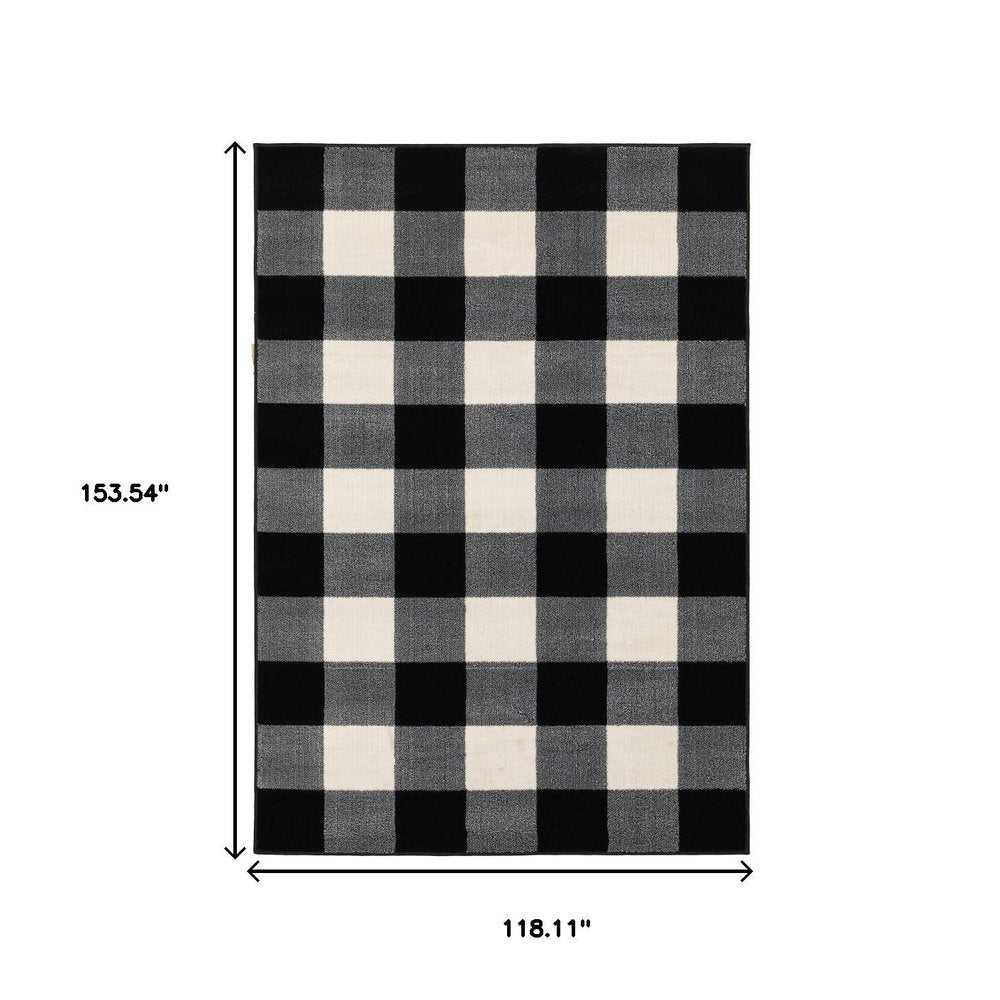7' X 9' Black And Ivory Gingham Area Rug