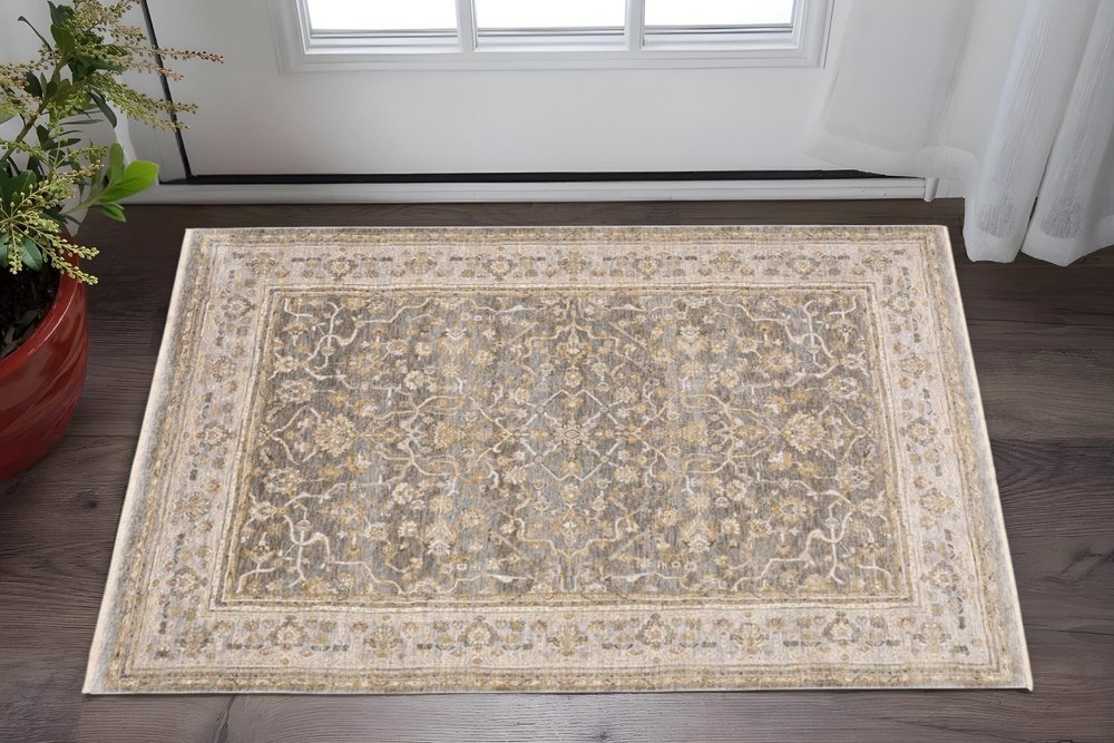 8' Beige Grey Machine Woven Oriental Indoor Runner Rug