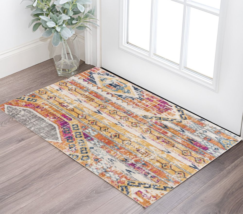 8' Gold And Ivory Southwestern Runner Rug