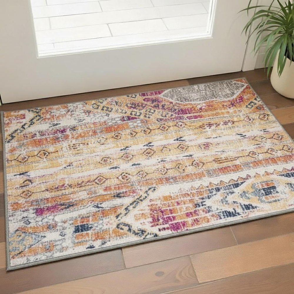 8' Gold And Ivory Southwestern Runner Rug