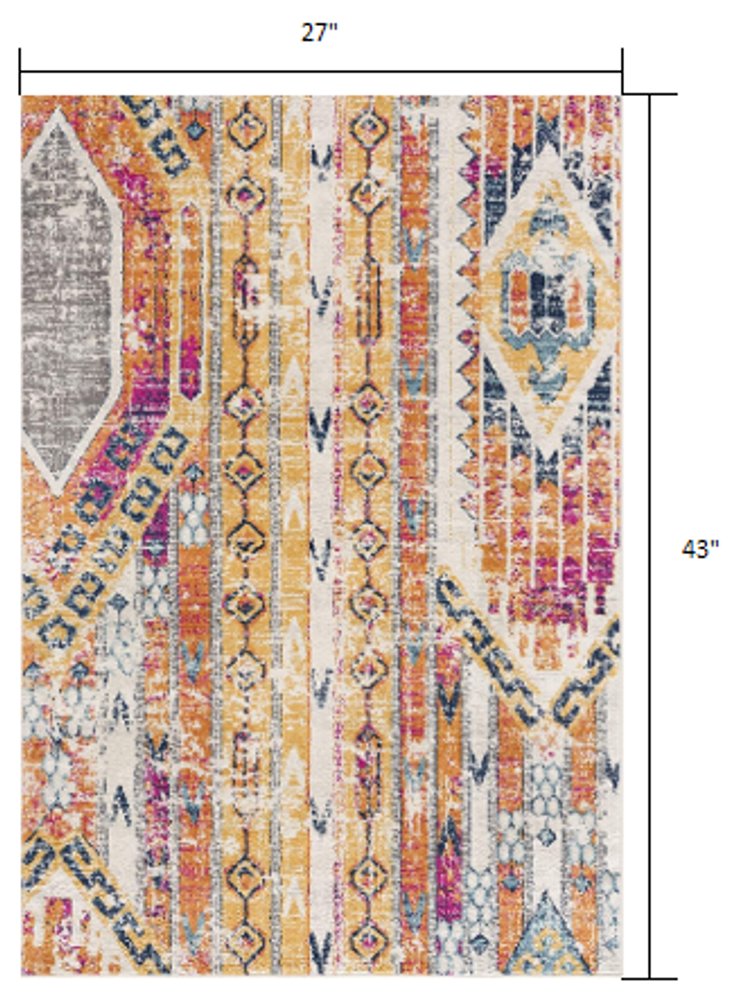 8' Gold And Ivory Southwestern Runner Rug