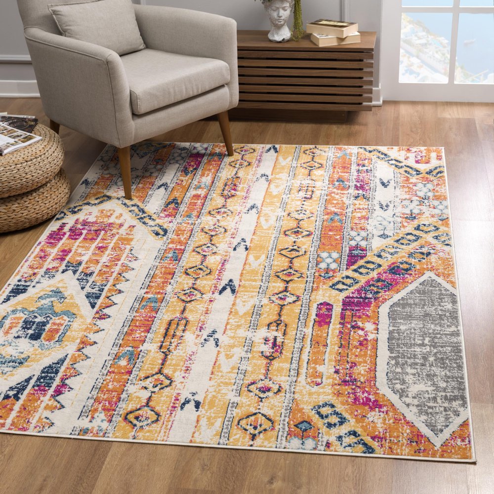 8' Gold And Ivory Southwestern Runner Rug