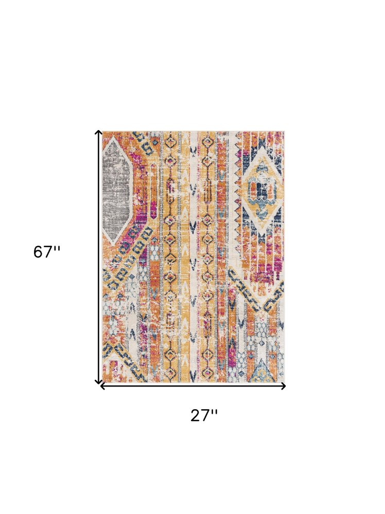 8' Gold And Ivory Southwestern Runner Rug