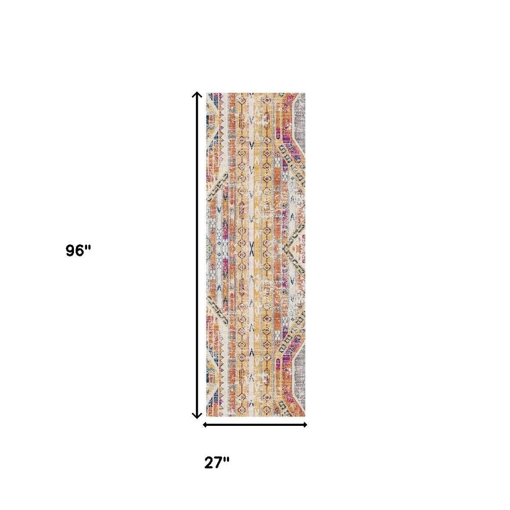 8' Gold And Ivory Southwestern Runner Rug
