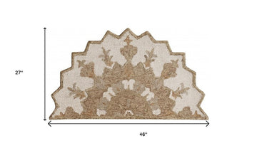 2' X 4' Tan and Beige Wool Medallion Hand Woven Half Circle Area Rug