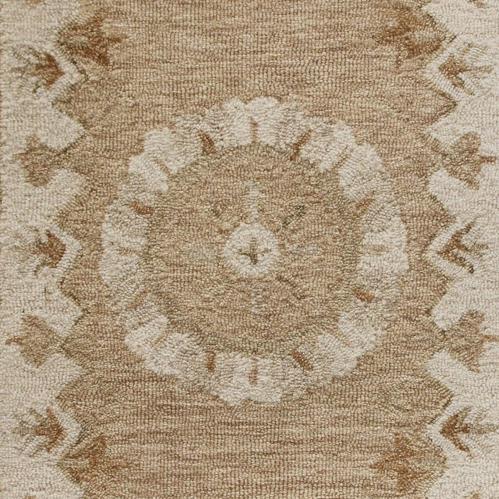 2' X 4' Tan and Beige Wool Medallion Hand Woven Half Circle Area Rug