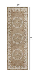 2' X 4' Tan and Beige Wool Medallion Hand Woven Half Circle Area Rug