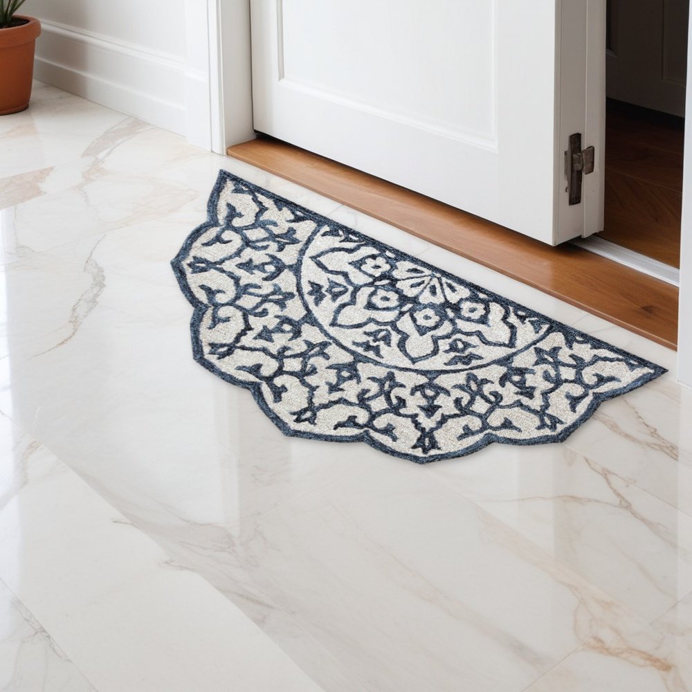 3' Round Navy And White Decorative Area Rug