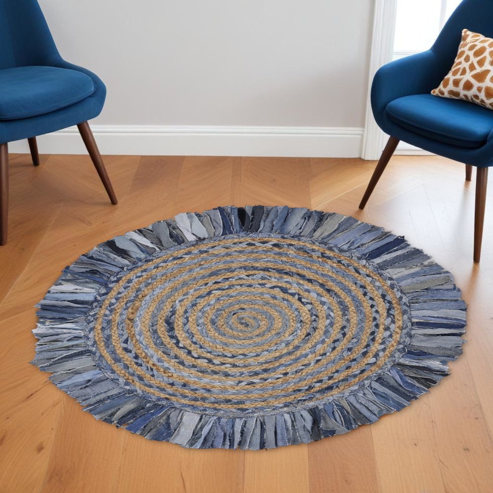 4' Beige And Blue Abstract Geometric Hand Woven Round Rug