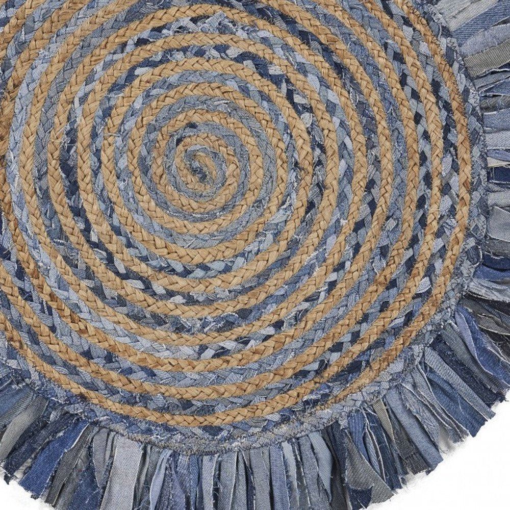 4' Beige And Blue Abstract Geometric Hand Woven Round Rug