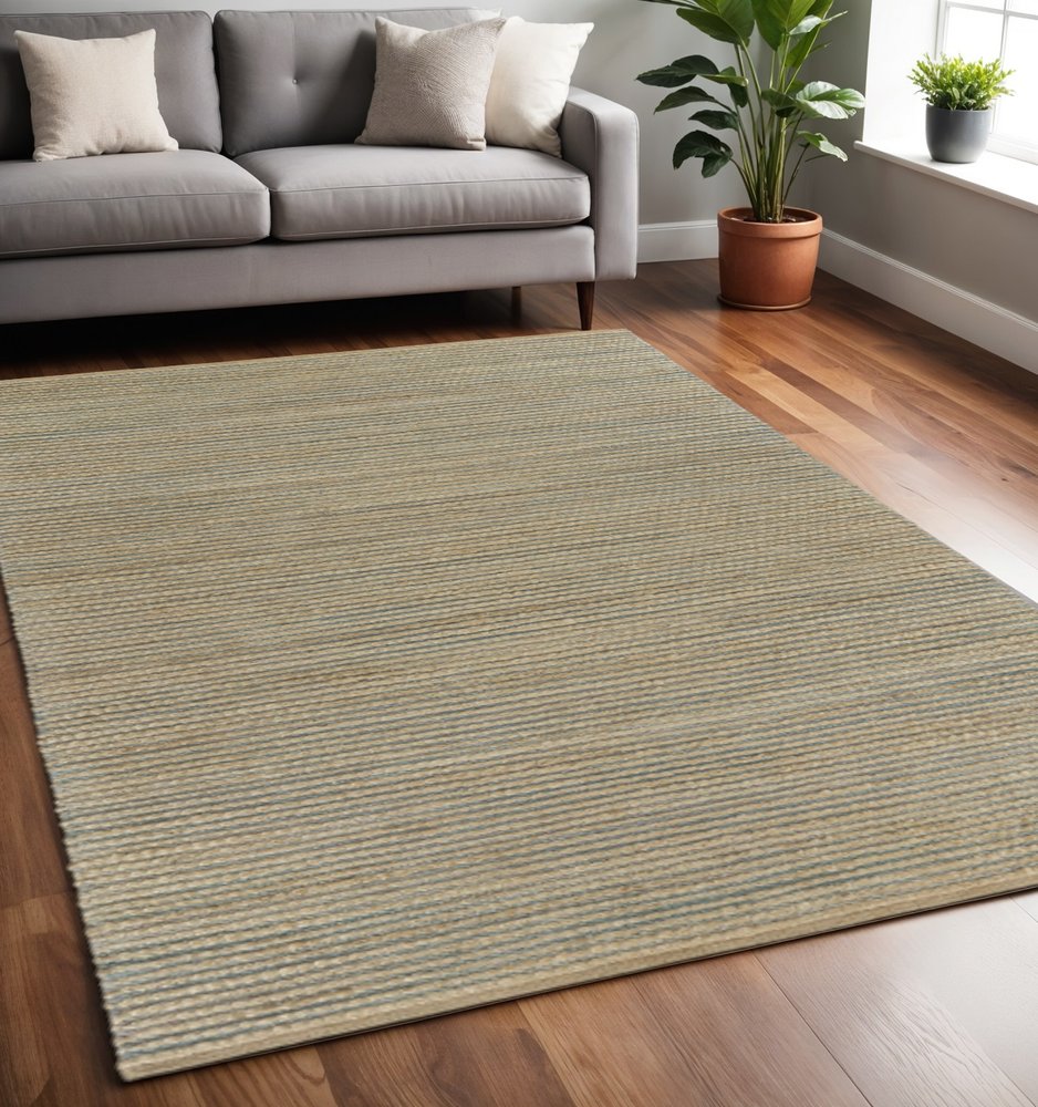 8' X 10' Tan and Blue Undertone Striated Area Rug