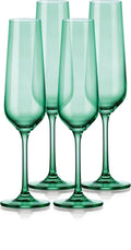 Set of Four Green Crystal Narrowing Shape Stemmed Flute