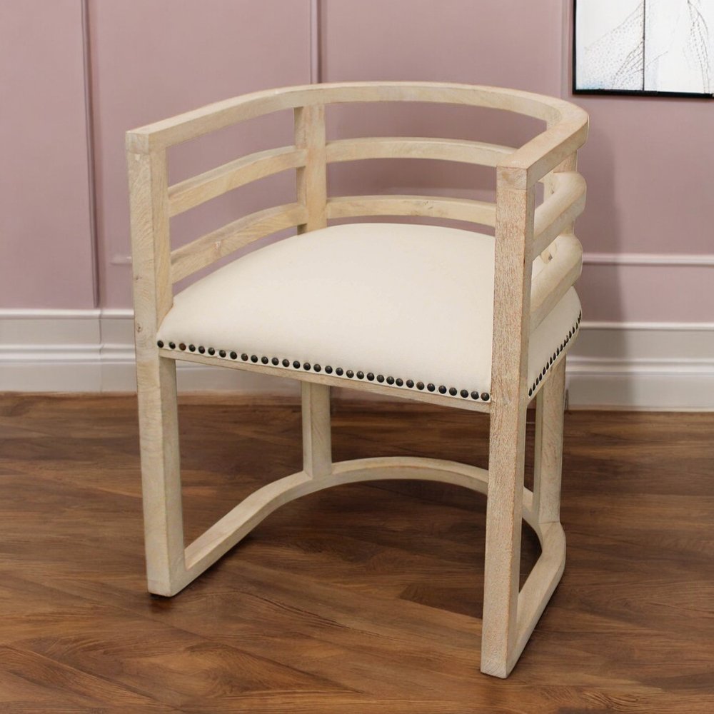 Ivory and Natural Upholstered Linen Curved Back Dining Arm Chair