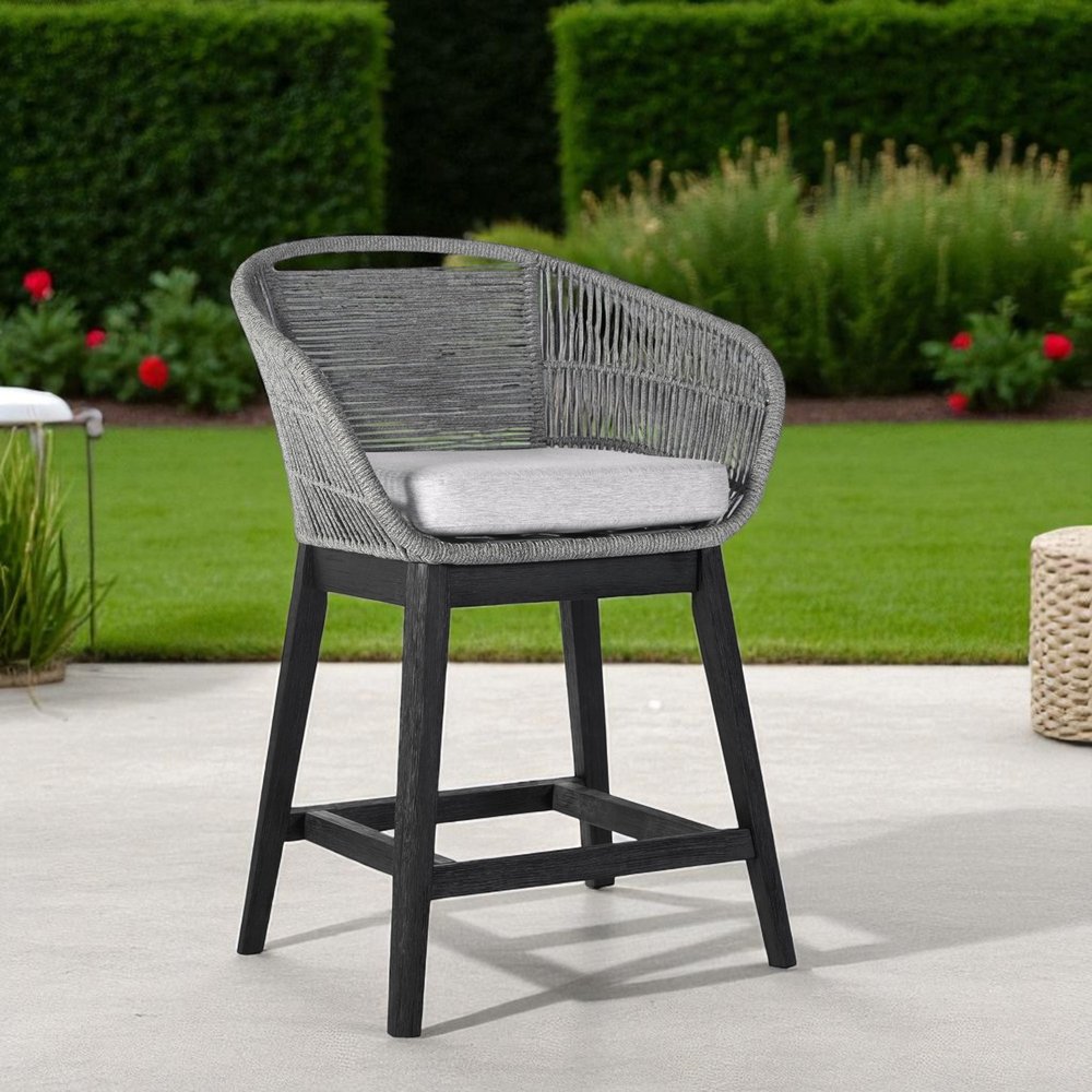 38" Light Gray Solid Wood Low back Outdoor Bar Height chair with Footrest