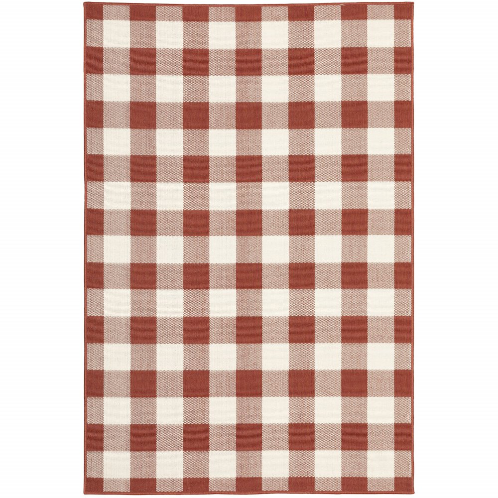 9' X 13' Red And Ivory Geometric Indoor Outdoor Area Rug