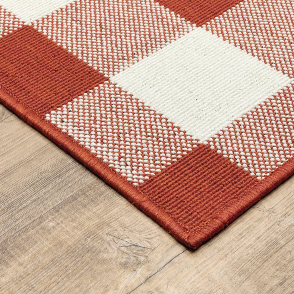 9' X 13' Red And Ivory Geometric Indoor Outdoor Area Rug