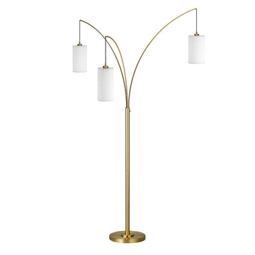 83" Brass Three Light Tree Floor Lamp With White Frosted Glass Drum Shade