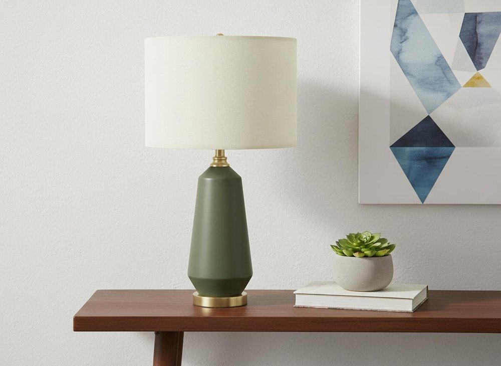 26" Green Ceramic Geometric Table Lamp With Ivory Drum Shade
