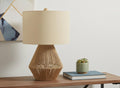 22" Brown Rattan Geometric Table Lamp With Beige Drum Shade