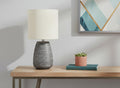 19" Gray Ceramic Round Table Lamp With Ivory Drum Shade