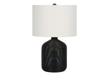 23" Black Rattan Round Table Lamp With Ivory Drum Shade