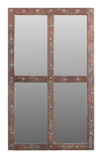 60" Wood Brown Rustic Solid Wood Window Pane Framed Accent Mirror