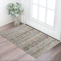 8' Gray Ivory and Blue Abstract Power Loom Worn Faded Runner Rug With Fringe