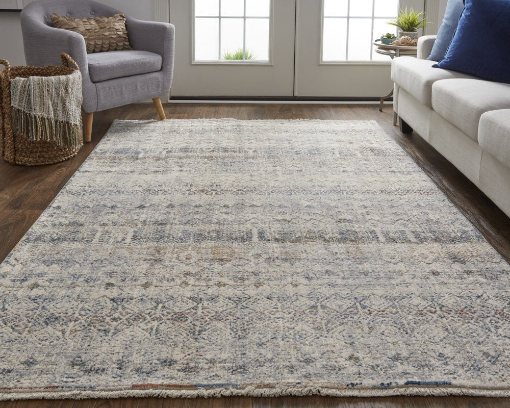 8' Gray Ivory and Blue Abstract Power Loom Worn Faded Runner Rug With Fringe