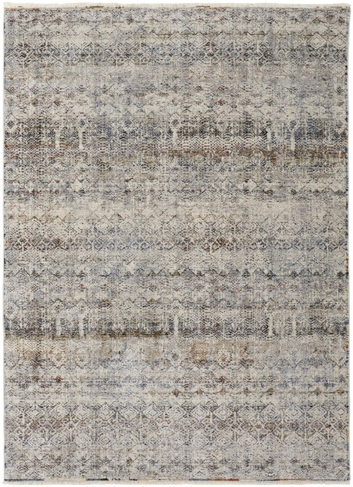 8' Gray Ivory and Blue Abstract Power Loom Worn Faded Runner Rug With Fringe