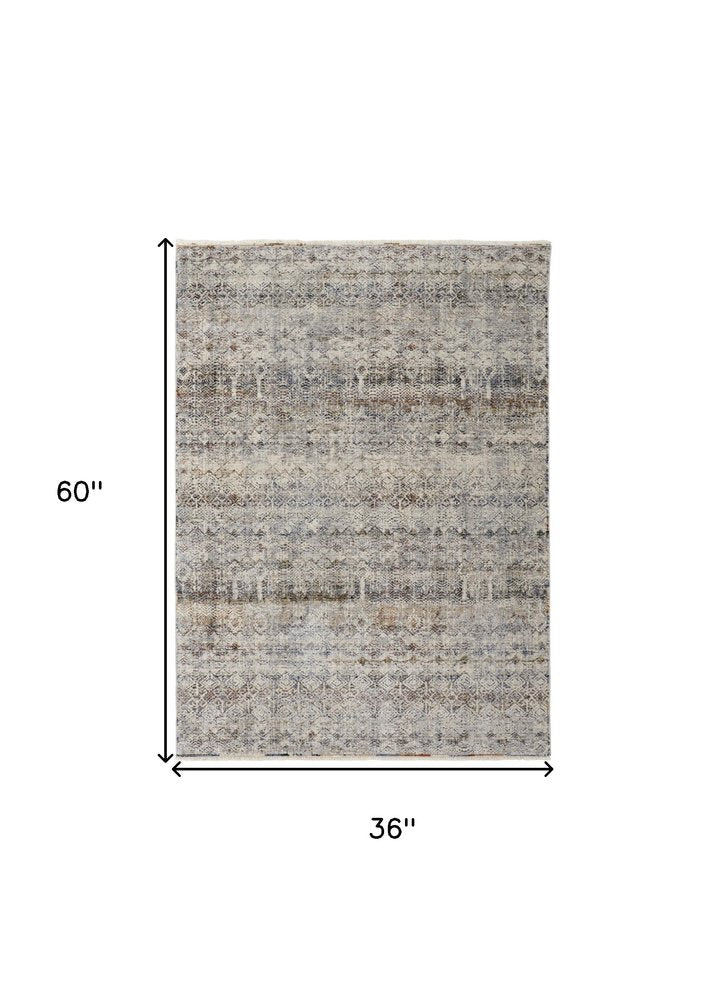 8' Gray Ivory and Blue Abstract Power Loom Worn Faded Runner Rug With Fringe