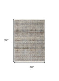 8' Gray Ivory and Blue Abstract Power Loom Worn Faded Runner Rug With Fringe