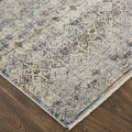 8' Gray Ivory and Blue Abstract Power Loom Worn Faded Runner Rug With Fringe