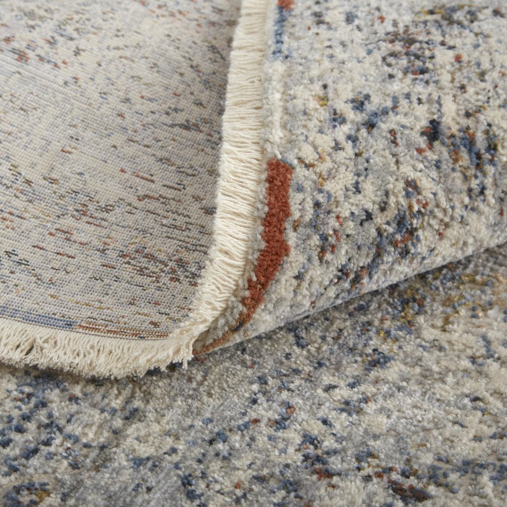 8' Gray Ivory and Blue Abstract Power Loom Worn Faded Runner Rug With Fringe