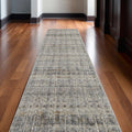 8' Gray Ivory and Blue Abstract Power Loom Worn Faded Runner Rug With Fringe