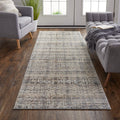 8' Gray Ivory and Blue Abstract Power Loom Worn Faded Runner Rug With Fringe