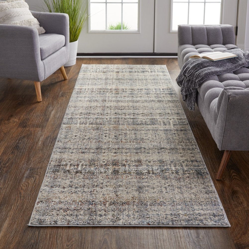 8' Gray Ivory and Blue Abstract Power Loom Worn Faded Runner Rug With Fringe
