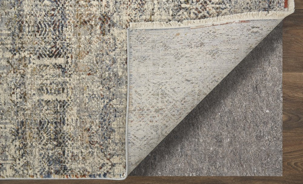 8' Gray Ivory and Blue Abstract Power Loom Worn Faded Runner Rug With Fringe
