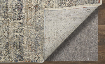 8' Gray Ivory and Blue Abstract Power Loom Worn Faded Runner Rug With Fringe