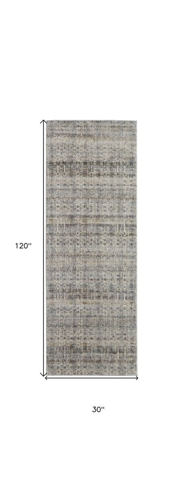 8' Gray Ivory and Blue Abstract Power Loom Worn Faded Runner Rug With Fringe