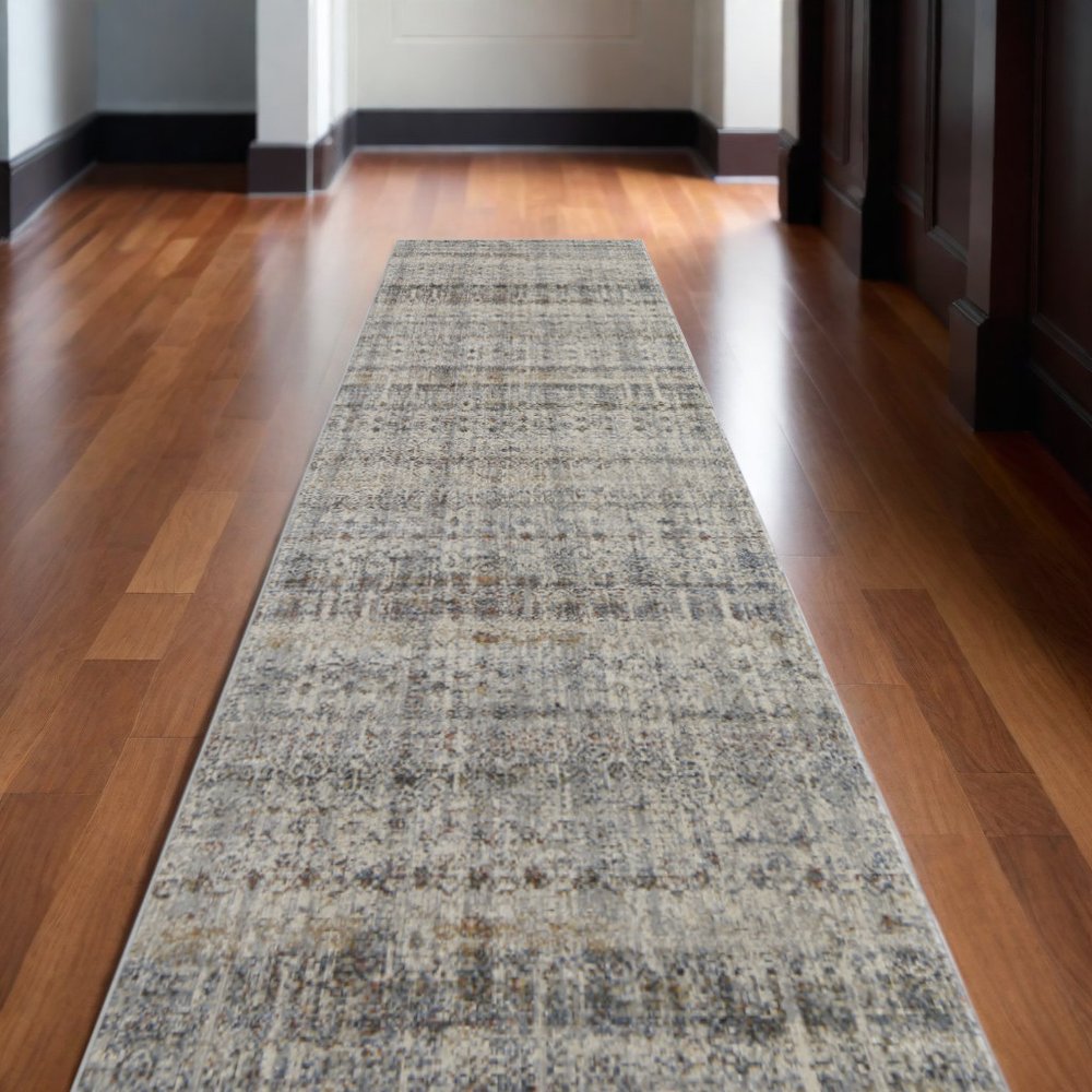 8' Gray Ivory and Blue Abstract Power Loom Worn Faded Runner Rug With Fringe