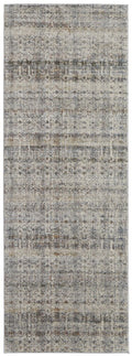 8' Gray Ivory and Blue Abstract Power Loom Worn Faded Runner Rug With Fringe