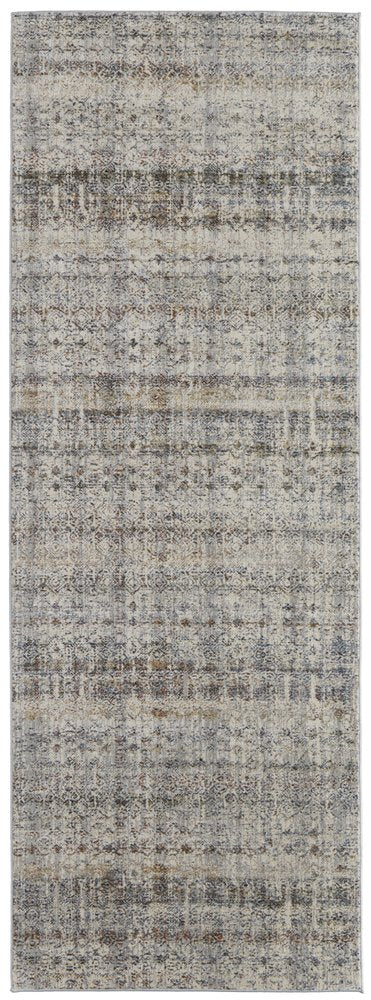 8' Gray Ivory and Blue Abstract Power Loom Worn Faded Runner Rug With Fringe
